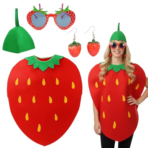 Qnvyw Erdbeer Kostüm für Erwachsene, Karneval Kostüm Damen & Herren - Lustiges Partnerkostüm inkl. Brille & Ohrringe für Halloween & Fasching