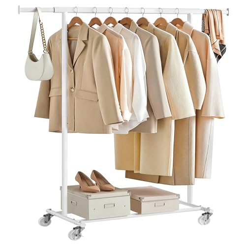 SONGMICS Kleiderständer auf Rollen, Schwerlast-Garderobenständer, ausziehbare Kleiderstange, bis 100 kg belastbar, einfache Montage, transportabel, weiß HSR013W01