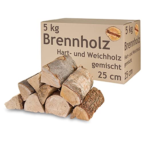 Brennholz Gemischt Kaminholz 5-500 kg Buche Eiche Birke Kiefer Fichte Holz Für Ofen und Kamin Kaminofen Feuerschale Grill Feuerholz 25 cm Wood Kammergetrocknet Flameup, Menge:5 kg