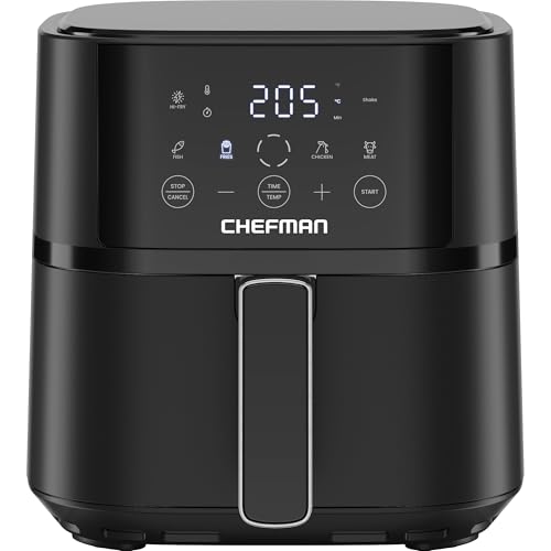 Chefman 3.8L Heißluftfritteuse, schnell & einfach, kompakte Heissluftfritteuse mit Hi-Fry Technologie, Touch Controls mit 4 Voreinstellungen, antihaftbeschichtet & spülmaschinenfest - Schwarz