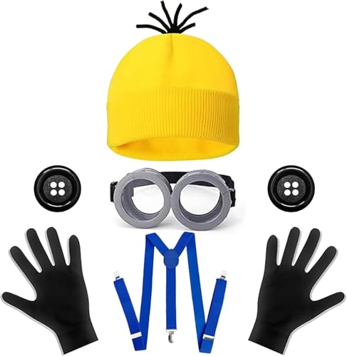 5 Stück Minion Kostüm Zubehör,Gelbes Kostüm Set für Cosplay,KostümCosplay for Erwachsener and Kinder,Faschingskostüm,Steampunk Brille,Schwarze Handschuhe und Gelbe Beanie Hüte