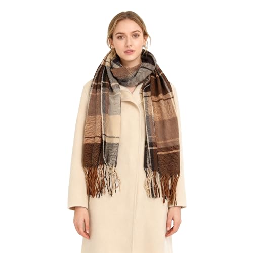Oak & Tea Schal Damen, Winter Schals Warm Kuschelig, Wollschal Loop für Frauen, Elegant Kariert als Geschenk, Grün Rot Beige Rosa Braun