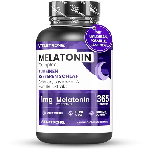 Vitastrong Melatonin Komplex, 365 Mikro-Tabletten, Hochdosiertes Melatonin mit Kamille, Baldrian, Lavendel & Vitamin B6 für besseren Schlaf & Jetlag, Zucker-, Gluten- & GVO-Frei