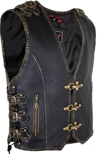 MDM Herren Biker Lederweste mit Messing Schnallen und Karabinern, Vintage Look (Gr. XL)