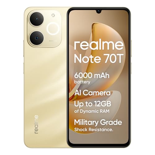 realme Note 70T 4G Smartphone, 4+64GB, 6000mAh Massive Battery, 7.94 mm Ultra Slim, T7250 Octa-Core Chipset, Up to 4+8GB Dynamic RAM, Next AI, Charger not Included, Gold
