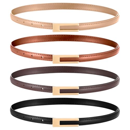 4 Stück Leder Gürtel Damen Verstellbarer Skinny Taillengürtel Schmaler Dünner Ledergürtel Frauen Retro Einfachheit Klassisch Damengürtel Für Kleider Dünner Jeans Hosen(4 Farben Mit Goldschnalle)