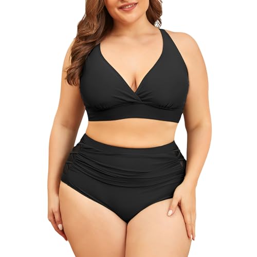 PONCEAU Bikini Damen Set Große Größe V Ausschnitt High Waist Bauchweg Knoten Zweiteiliger Bikini Plus Size Curvy Bademode Swimsuit Push Up Badeanzug
