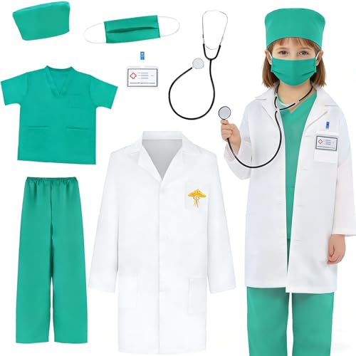 Mineup Arzt Kostüm Kinder, Arztkittel Kinder, Arztkoffer Kinder Kostüm mit Stethoskop kinder, Doktor Rollenspiel Zubehör, Halloween Geschenke für Kinder Jungen Mädchen 4 5 6 7 8 9 10 Jahre,130cm