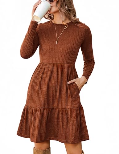 ZEAGOO Pulloverkleid Damen Herbst Rundhals Langarm A Linie Kleider Casual Elegant Herbstkleider Knielang Winterkleid mit Taschen Karamell M