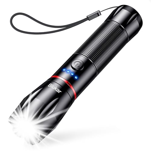 Blukar LED Taschenlampe Aufladbar, 2000 Lumen Extrem Helle Zoombares Taschenlampen mit 5 Lichtmodi und Langer Betriebsdauer, IPX6 Wasserdichte Handlampe für Camping, Wandern, Angeln, Outdoor, Notfäll