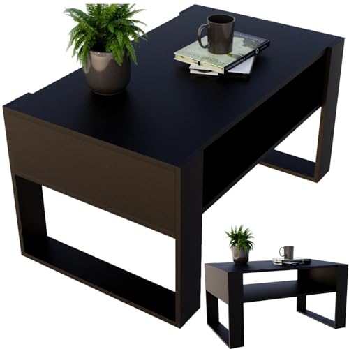 CraftPAK Wohnzimmer Tisch für Couch aus hochwertigem Holzwerkstoff, moderner Couchtisch mit zusätzlicher Ablagefläche, Sofatisch für Wohnzimmer, Farbe Schwarz