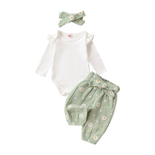 Yassiglia Baby Mädchen Kleidung Set Neugeborene Langarm Strampler + Lange Hose + Stirnband 3 Pcs Herbst Winter Babykleidung Outfit (Grün, 3-6 Months)