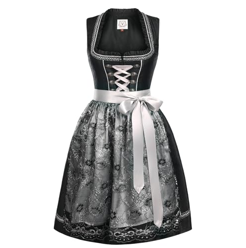 Funspread Dirndl Damen Midi Schwarz - Dirndlkleid mit Spitzenschürze Trachtenmode Kleid für Oktoberfest 36