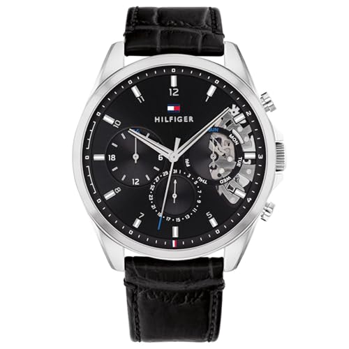 Tommy Hilfiger Multi Zifferblatt Quarz Uhr für Herren mit Schwarzes Lederarmband - 1710449
