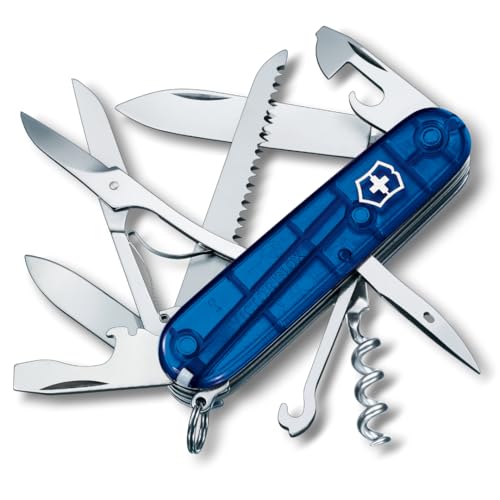 Victorinox Schweizer Taschenmesser Huntsman, Multitool, Swiss Army Knife mit 15 Funktionen, Klinge, Korkenzieher, Dosenöffner, Faltschachtel, Blau Transparent