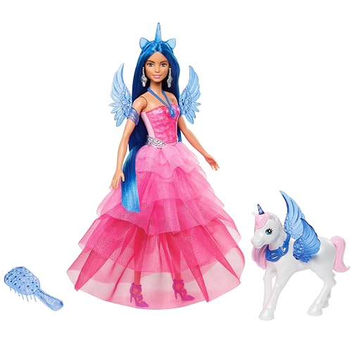 Barbiein verborgener Zauber - Puppe mit Einhorn, pinkfarbenes Kleid mit Saphirblauen Details, Einhorn-Stirnband, abnehmbare Saphirflügel und Einhorn-Schwanz, für Kinder ab 3 Jahren, HRR16