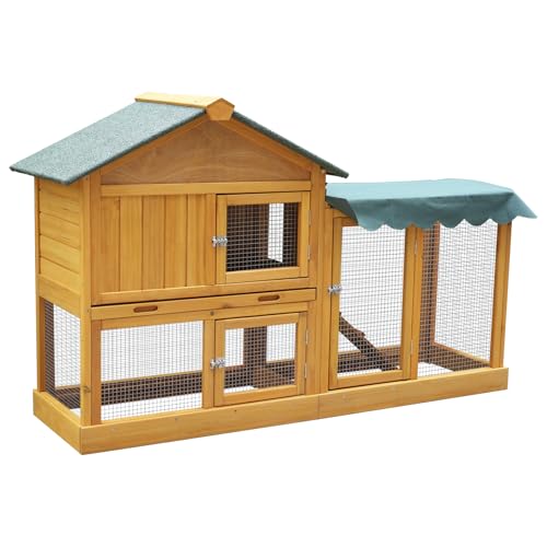 Deuba Kaninchenstall Winterfest, Hasenstall aus Holz mit Freilaufgehege, 152x51x95 cm, Asphaltdach, Sonnenschutz, Hühnerhaus mit Auslauf