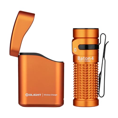 OLIGHT Baton 4 Kit, Taschenlampe led aufladbar mit dimmbarem Ladecase, kleine Lampe mit bis zu 190 Tagen Laufzeit, 1300 Lumen und 170m Leuchtweite für den Arbeit und Alltag, IPX8 wasserdicht, Orange