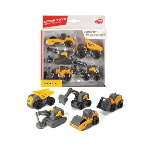 Dickie Toys Volvo Micro Workers 5er Set Baustellenfahrzeuge (je 10 cm) - Kinder Bagger Spielzeug, Radlader & Muldenkipper Auto Spielzeug mit Freilauf, Fahrzeuge ab 3 Jahren, gelb/grau - 203722008