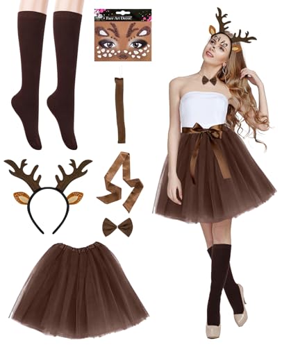 ALONK Damen Geweih Kostüm Set, Kaffee Tüllrock + Geweih Haarreif + Lange Socken + Gürtel + Rentier Gesichtstattoos, Reh-Kostüm für Fasching, Karneval & Mottoparty, Festliche Accessoires