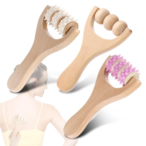 3 Stück Holz Massageroller, Rückenmuskel-Roller, Manuelle Holztherapie-Massagewerkzeuge,Massagegerät mit Griff Faszienrolle, zur Entspannung von Rücken, Bein, Händen, Ganzkörpermuskulatur