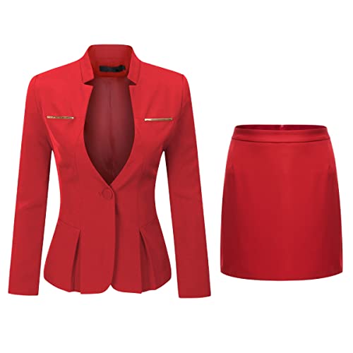 YYNUDA Anzug Set Damen Blazer mit Rock/Hose Slim Fit Hosenanzug Elegant Business Outfit für Office XL Rot+Rock
