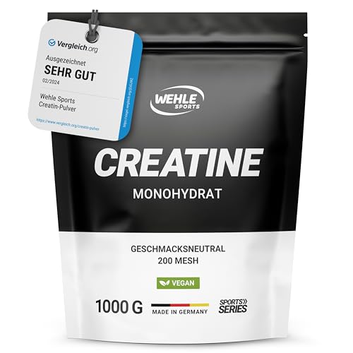 Creatin Monohydrat 1kg Pulver – reines Kreatin, mikronisierte Qualität Mesh 200, hochdosiert, 100% vegan – Wehle Sports (1000g) – Verpackung kann variieren