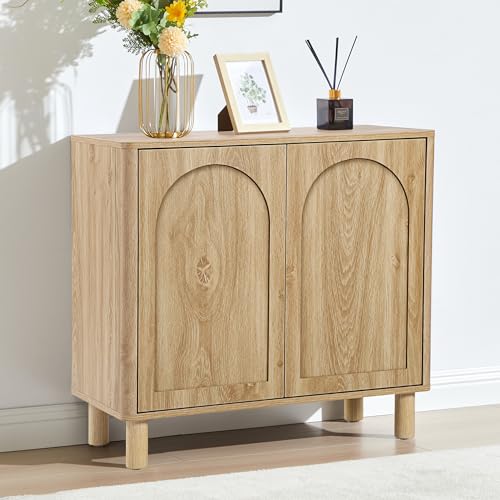 GuannCraft Modernes Sideboard aus Holz mit geschwungenen Seiten | Doppeltüriger Aufbewahrungsschrank mit Naturfinish für Wohnzimmer, Esszimmer und Eingangsbereich (Naturholzfarbe)