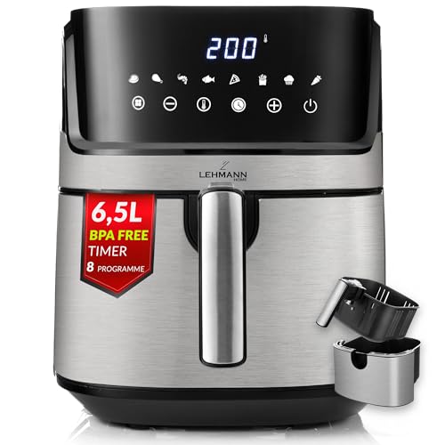 LEHMANN Heißluftfritteuse XL 6,5L, 8 Programme, Große Metallkammer, Digitales Display, Timer, Antihaftbeschichtung, Spülmaschinenfester Korb, 80-200°C, Air Fryer ohne Öl für Familie