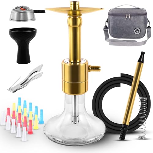 WINROOT Shishas Set mit 1 Schläuchen, 15,5 ″Kleines Shisha-Set mit dreiblättrigem Shisha-Kopf, Silikon-Shisha-Schale mit 7 Löchern, schöner Glasvase, Kohleclip, 20 Shisha-Spitzen, Aufbewahrungstasche