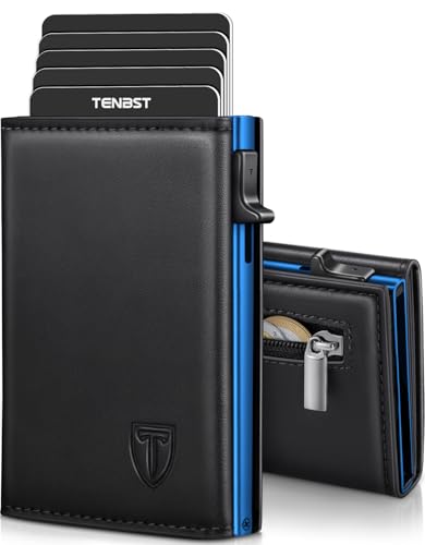 TENBST Geldbörse Herren, Premium Portmonee Herren mit RFID Schutz, Slim Geldbörse Münzfach, Kartenetui mit 10 Fächern, smart Wallet - Blau-Schwarz
