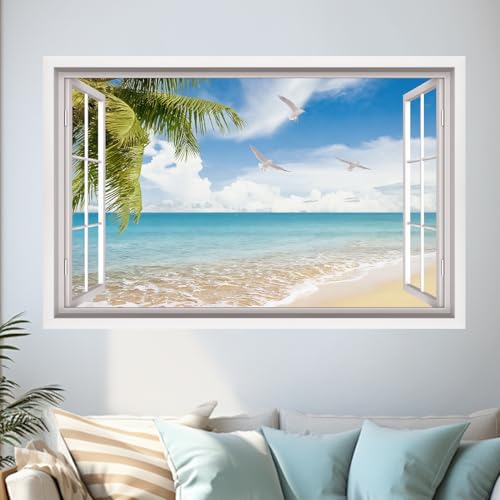 HPNIUB 3d Gefälschte Fenster Wandaufkleber,76 * 49cm,Wandtattoo Wohnzimmer Landschaft,Selbstklebend Wandsticker Meer Baum Poster,Vinyl Wandaufkleber Durchbruch Deko für Wohn
