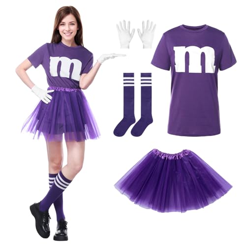 Alaiyaky T-Shirt mit m Aufdruck für Damen, Tüllrock Karneval Gruppenkostüm Damen mit m T-shirt Tutu-Rock und Gestreifte Socken, M Aufdruck Kostüm für Fasching Karneval (Violett, L)