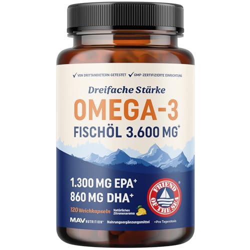 Dreifach Starkes Omega-3 Fischöl 3600 mg | EPA & DHA | Über 2100 mg Omega-3 Fettsäuren | 1300 mg EPA + 860 mg DHA | Essenzielle Fettsäuren | Premium Wildgefangenes & Aufstoßfreies Fischöl | 120 Ct