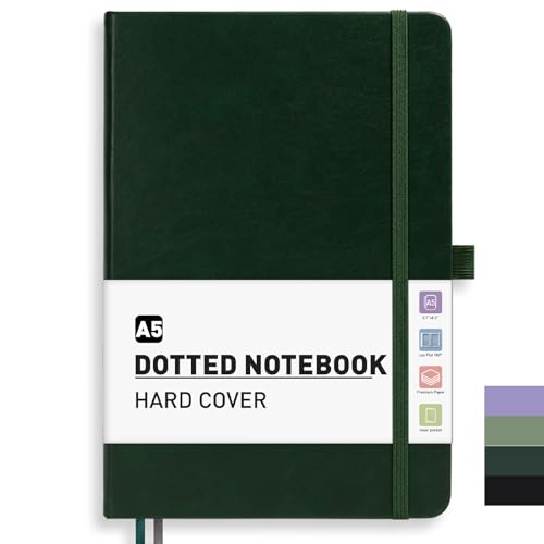 PYNEX Notizbuch A5 Dotted, Hardcover,Notebook, Leder Notizblock With 192 Blatt 100GSM, Tagebuch für Erwachsene,Schule - Dunkelgrün