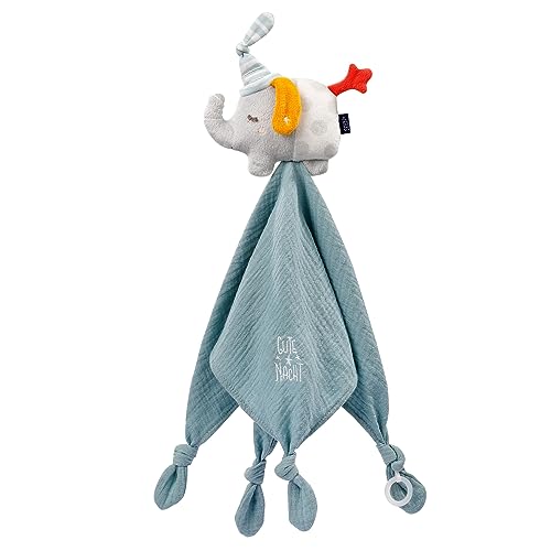 Fehn 053081 Schmusetuch Elefant – Baby Schnuffeltuch mit Schnullerbefestigung und Glow-in-The-Dark Bestickung – Für Babys ab 0+ Monaten – Größe: 42 cm