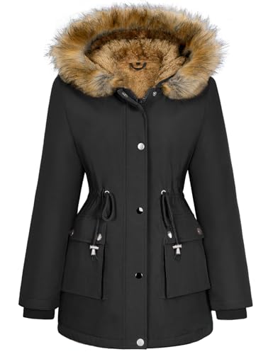 Lonya Winterjacke Damen Parka Winter Mäntel Fleecejacke Warm Mittellang Wasserabweisend Dicke Coat mit Kapuze Schwarz,M