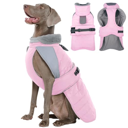 Kuoser Hundejacke Große Hunde Winter Wasserdicht & Winddicht, Warme Hundemantel mit Elastischem Hals, Reflektierende Wintermantel Hund, Winterjacke Rosa XL