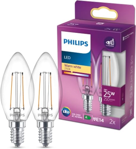 Philips LED Classic E14 Lampe, 25 W, Kerzenform, klar, warmweiß, Doppelpack
