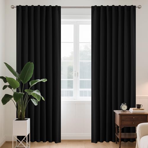 Joydeco Schlaufen Verdeckten Vorhänge 2er Set,H 245 x B 140 Schwarz Verdunkelung Blickdicht Lang Vorhang lärmschutz Stangendurchzug Gardinen Blackout Curtains Schlafzimmer Wohnzimmer