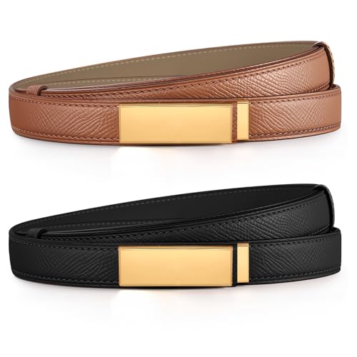Chritice 2 Stück Schmaler Gürtel Damen Ledergürtel Damen Gürtel Schwarz und Braun, Solide Farbe Klassisch Legierung Twist Lock Taillengürtel Gold, Geschenke für Frauen, Breite 1.8CM, Länge 53-92CM