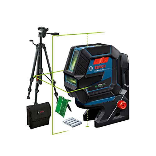 Bosch Professional Kreuzlinienlaser GCL 2-50 G (grüner Laser, Innenbereich, Halterung RM 10, Stativ BT 150, sichtbarer Arbeitsbereich: bis 15 m, 4x AA-Batterie, in Kartonschachtel)