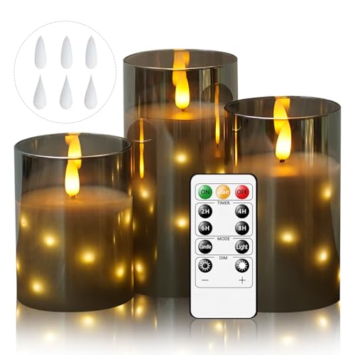 Cnulenzt Glas Flammenlose LED Kerzen, Batteriebetriebene mit eingebetteter Sternschnur-Lichterkette, led kerzen Mit Fernbedienung und Timer, Home Dekoration, Echtes Wachs, 3er-Set（Grau）