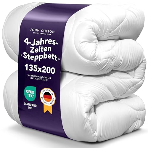 John Cotton 4 Jahreszeiten Bettdecke 135x200 cm – Praktisch alle Jahreszeiten Bettdecken für Allergiker | Oeko-Test Zertifiziert Steppdecke | Atmungsaktive Decke, Oberbett 135 x 200