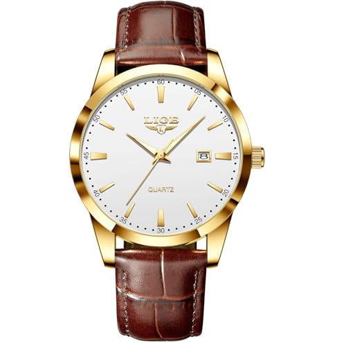 LIGE Herren Uhren Wasserdicht Quarz Armbanduhren Für Herren Männer Uhr Mit Datum gelb-braun Lederarmband Retro Business Men's Watches Geschenk für männer,Goldweiß