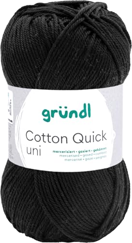 Gründl Wolle Cotton Quick uni - dünne Wolle zum Häkeln - Strickgarn - Häkelgarn - Glänzend und hautfreundlich - 100% Baumwolle - 1 Knäuel 50 g / 125 m - Nadelstärke 3-4 - Schwarz