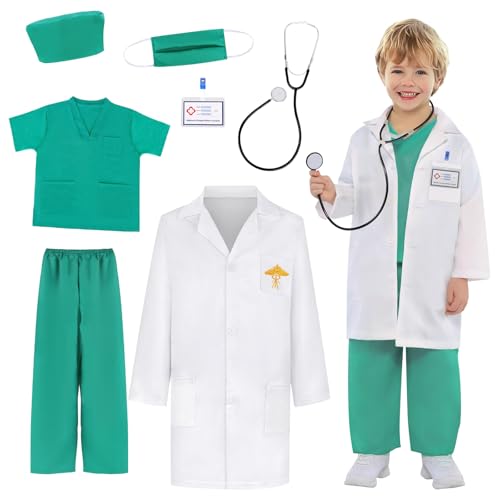 Mineup Arzt Kostüm Kinder, Arztkittel Kinder, Arztkoffer Kinder Kostüm mit Stethoskop kinder, Doktor Rollenspiel Zubehör, Halloween Geschenke für Kinder Jungen Mädchen 4 5 6 7 8 9 10 Jahre,130cm