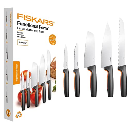 Fiskars Küchenmesser-Set, 5-teilig, Functional Form, Inklusive Kochmesser (groß), Gemüsemesser, Tomatenmesser, Santoku Kochmesser und Brotmesser, Japanischer Edelstahl/Kunststoff, 1057558