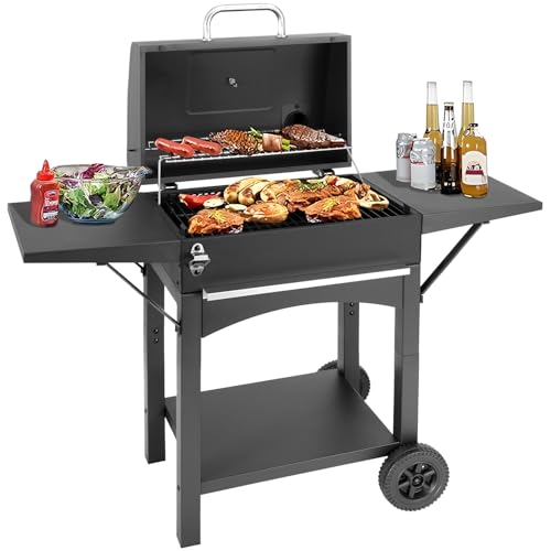Holzkohlegrill Groß mit Deckel und Gusseisen Grillrost – Edelstahl Grillwagen für Outdoor Garten, Camping BBQ & Smoker