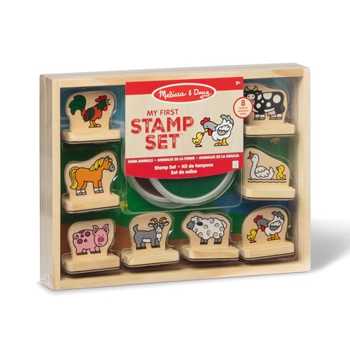 Melissa & Doug - Holz-Stempelset Bauernhoftiere, 8 Holzstempel, 2 Stempelkissen, Aufbewahrungsbox, Für Kinder ab 3 Jahren